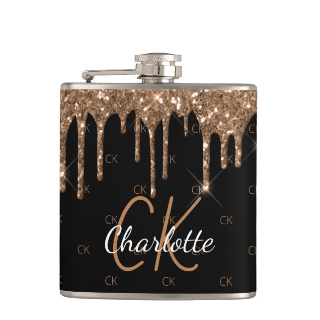 Black gold glitter drips monogram sparkle elegant hip flask (Front)
