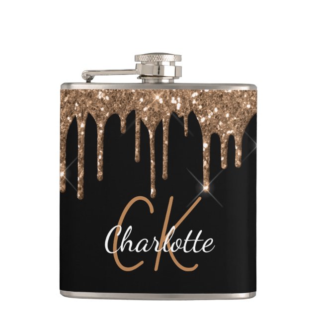 Black gold glitter drips monogram sparkle elegant hip flask (Front)