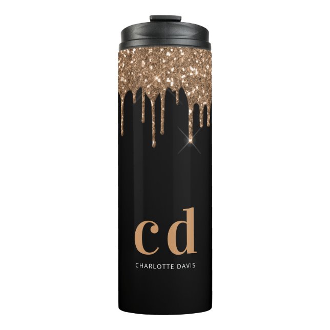 Black gold glitter drips monogram sparkle elegant thermal tumbler (Front)