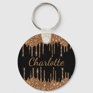 Black gold glitter drips name sparkle keychain