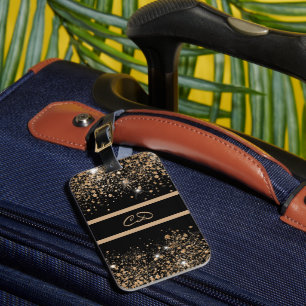 Black gold glitter dust monogram initials  luggage tag