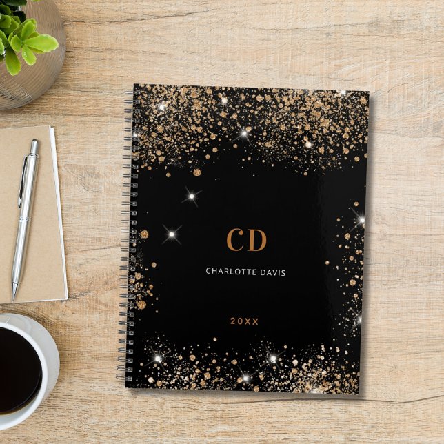 Black gold glitter dust monogram initials notebook (Creator Uploaded)
