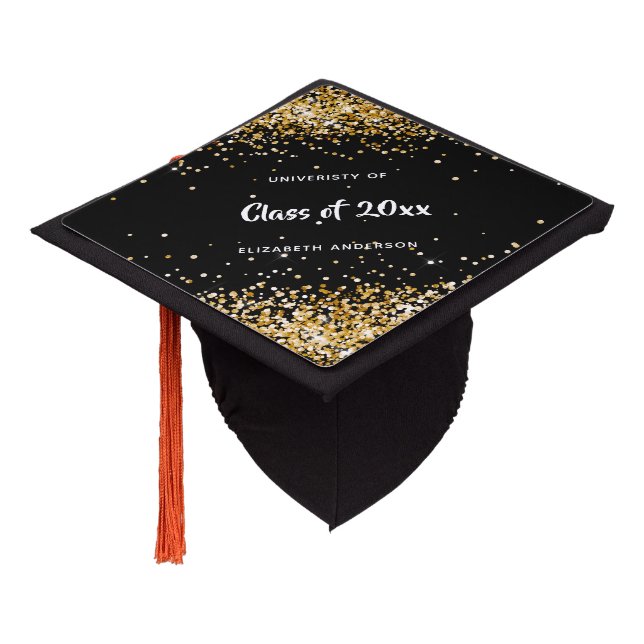 Black gold glitter dust name school graduation cap topper (Angled)