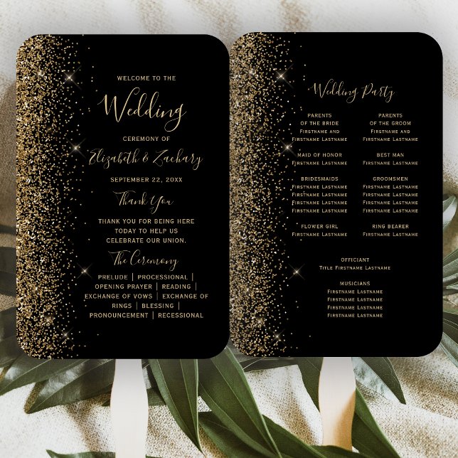 Black Gold Glitter Edge Wedding Program Hand Fan (Creator Uploaded)
