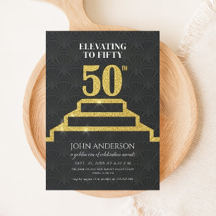 Black & Gold Glitter Elevating to Fifty Birthday Invitation