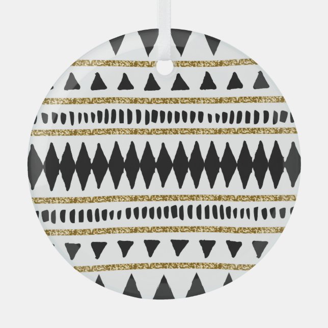 Black Gold Glitter Ethnic Pattern Glass Ornament (Front)