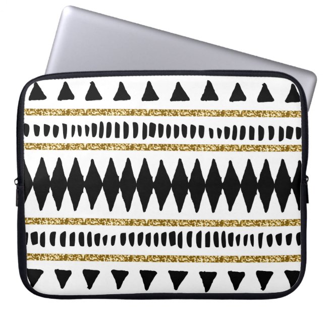 Black Gold Glitter Ethnic Pattern Laptop Sleeve (Front)