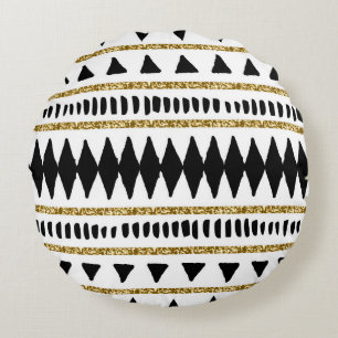 Black Gold Glitter Ethnic Pattern Round Pillow