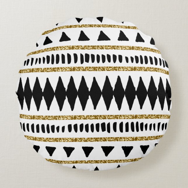 Black Gold Glitter Ethnic Pattern Round Pillow (Front)