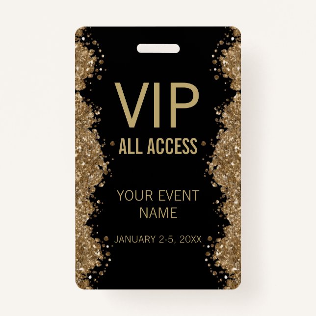 Black Gold Glitter Event VIP All Access Pass ID  Badge (Front)