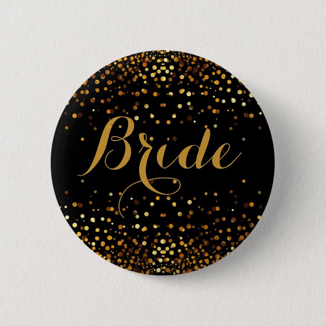 Black Gold Glitter Faux Foil Confetti Dot Bride 2 Inch Round Button (Front)