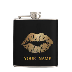 Black Gold Glitter Faux Foil Confetti Lips Hip Flask