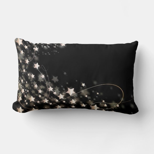 Black Gold Glitter Faux Foil Confetti Stars Lumbar Pillow (Front)