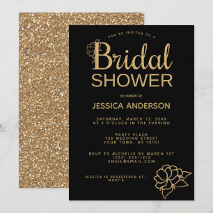 Black Gold Glitter Floral Bridal Shower Invitation
