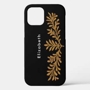 Black Gold Glitter Floral Leaves Custom Name Perso iPhone 12 Pro Case