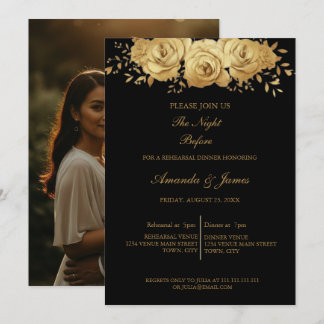 Black Gold Glitter Floral Photo Rehearsal Dinner  Invitation
