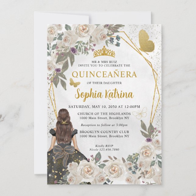 Black Gold Glitter Floral Princess Quinceañera Invitation (Front)