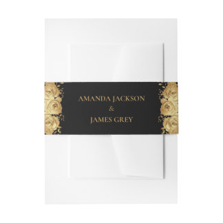 Black Gold Glitter Floral Wedding Invitation Belly Band
