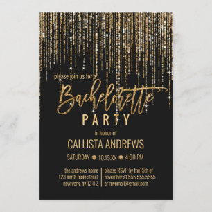 Black Gold Glitter Fringe Curtain Bachelorette Invitation