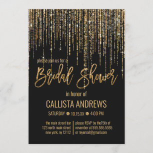 Black Gold Glitter Fringe Curtain Bridal Shower Invitation
