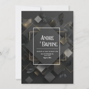 Black Gold Glitter Geometric Diamond Layered Invitation
