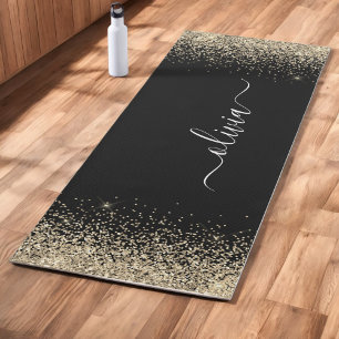 Black Gold Glitter Girly Monogram Fitness Yoga Mat