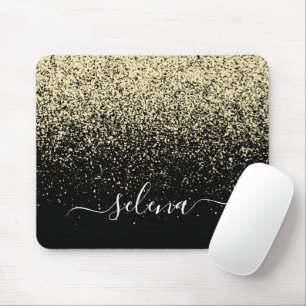Black Gold Glitter Girly Monogram Mouse Pad