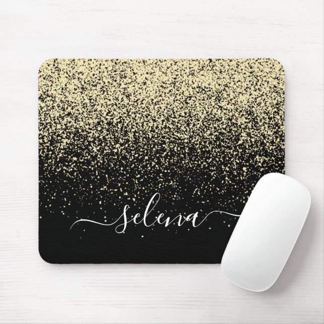 Black Gold Glitter Girly Monogram Mouse Pad (With Mouse)