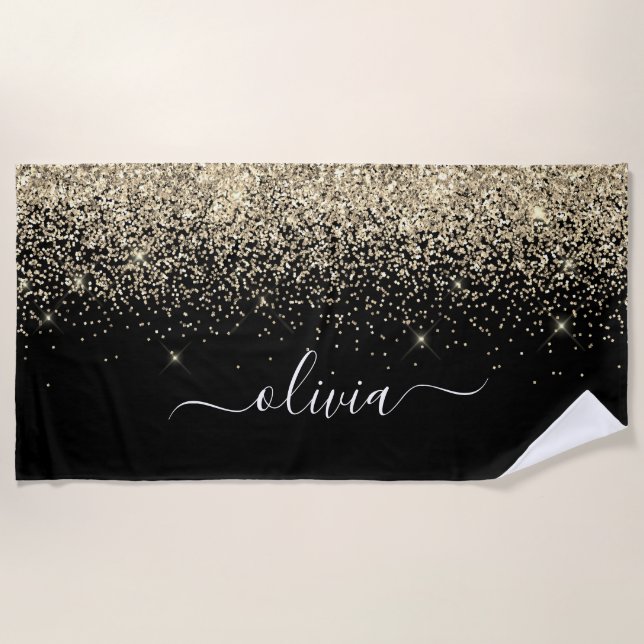 Black Gold Glitter Girly Monogram Name Beach Towel (Front)