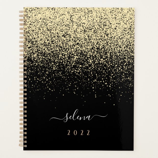 Black Gold Glitter Girly Monogram Planner (Front)