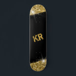 Black Gold Glitter Girly Monogram Skateboard<br><div class="desc">Black and Gold Glitter Personalized Skateboard with two custom-printed monogram initials customization with a bold faux sparkle printed artwork with glittery bling perfect as a wall decoration,  keepsake,  or girly design skateboard to use at the park.</div>