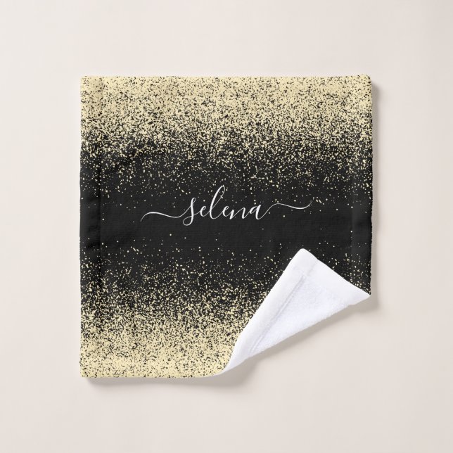 Black Gold Glitter Girly Monogram Wash Cloth (Wash Cloth)