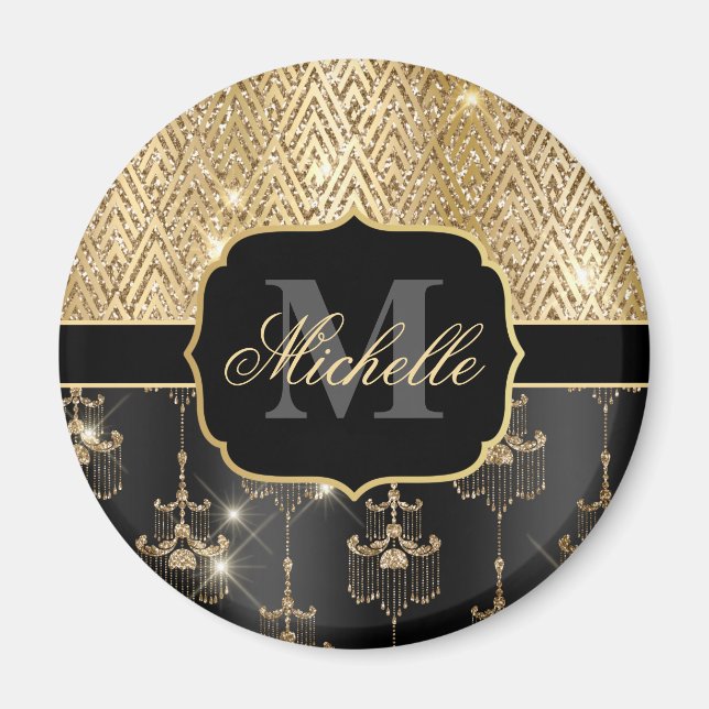 Black & Gold Glitter Glam Chandeliers & Art Deco Magnet (Front)