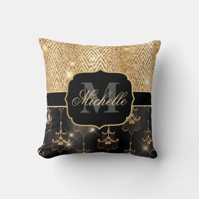 Black & Gold Glitter Glam Chandeliers & Art Deco Throw Pillow (Front)