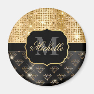 Black & Gold Glitter Glam Diamonds & Dots Magnet