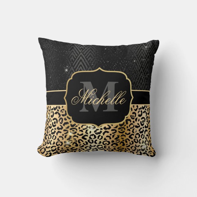 Black & Gold Glitter Glam Leopard Spots & Art Deco Throw Pillow (Front)