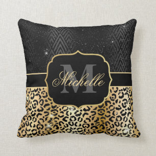Black & Gold Glitter Glam Leopard Spots & Art Deco Throw Pillow
