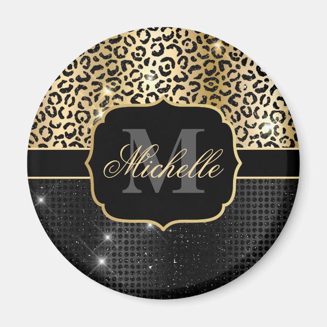 Black & Gold Glitter Glam Leopard Spots & Dots Magnet (Front)