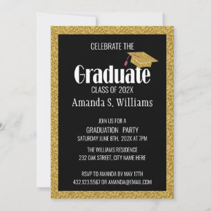 Black Gold Glitter Grad Cap Graduation Party  Invitation