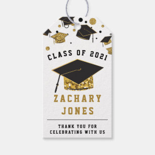 Black & Gold Glitter Graduation Cap  Class of 2021 Gift Tags