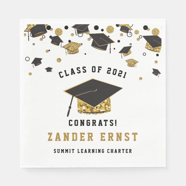 Black & Gold Glitter Graduation Cap  Class of 2021 Napkin (Front)