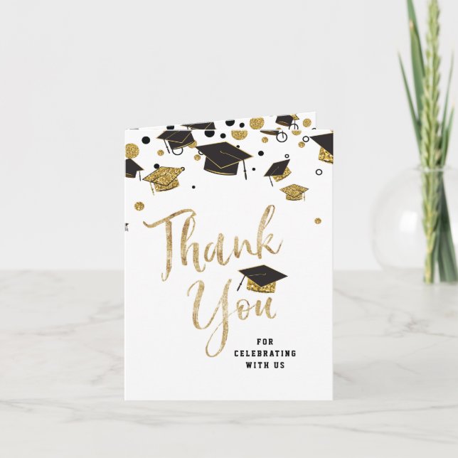 Black & Gold Glitter Graduation Cap  Class of 2021 Thank You Card (Front)