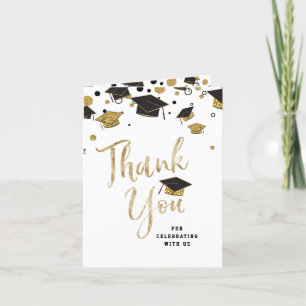 Black & Gold Glitter Graduation Cap  Class of 2021 Thank You Card