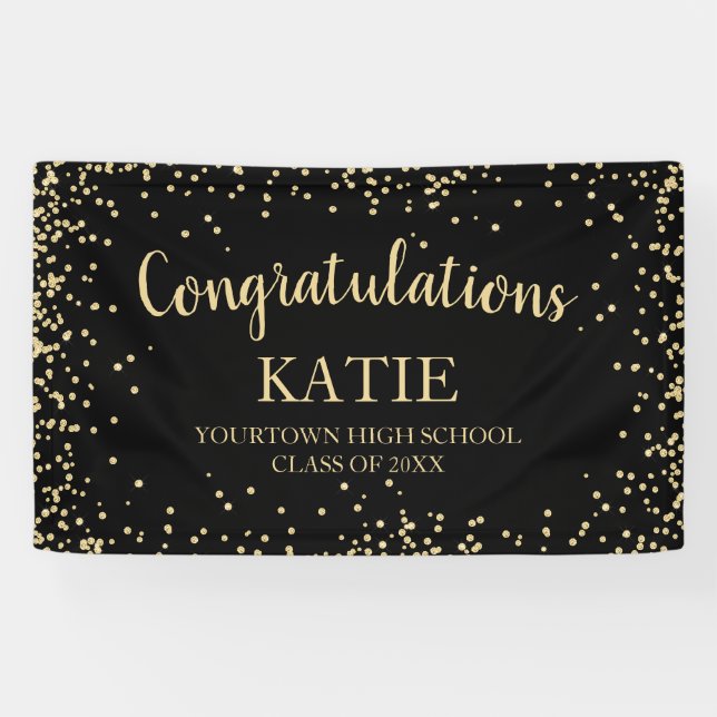 Black Gold Glitter Graduation Congratulations Banner (Horizontal)