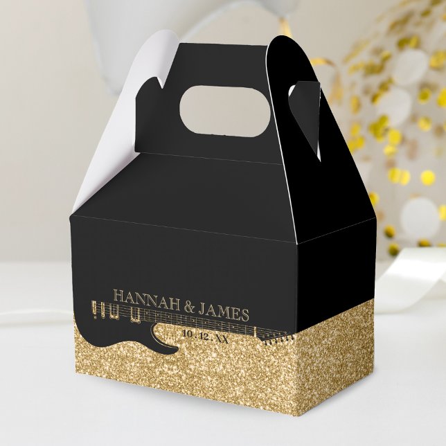 Black & Gold Glitter Guitar Wedding Favor Box (Black & Gold Glitter Guitar Wedding Favor Box)