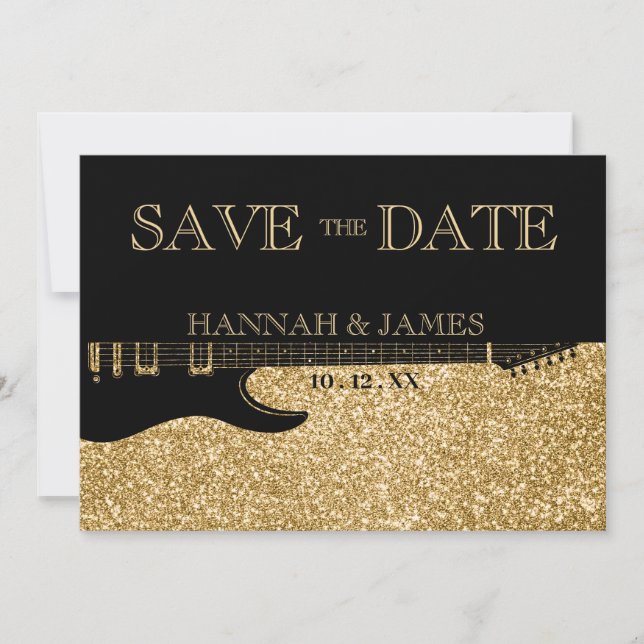 Black & Gold Glitter Guitar Wedding Save The Date (Front)