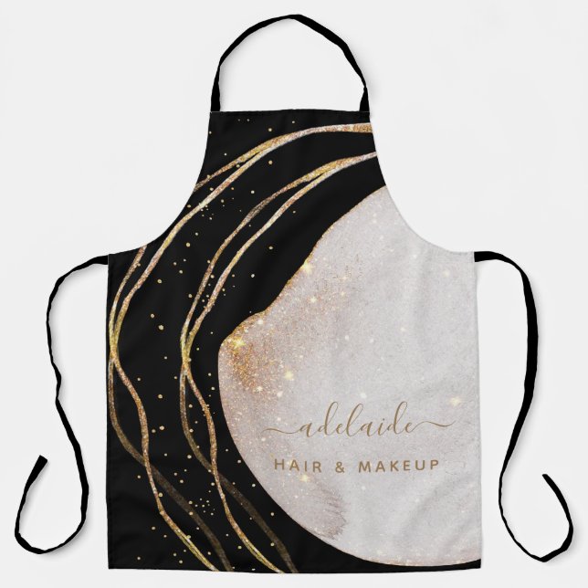 Black Gold Glitter Hair Stylist Script Salon Name Apron (Front)