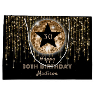 Black Gold Glitter Happy 30th Birthday Large Gift Bag