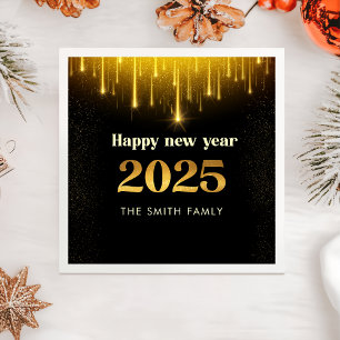Black Gold Glitter Happy New Year 2025 Napkins