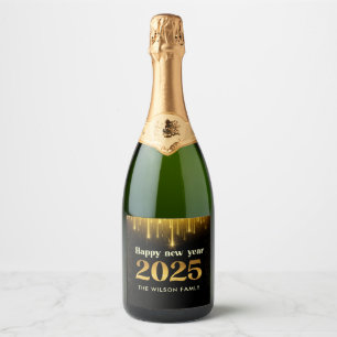 Black Gold Glitter Happy New Year 2025 Wine Label